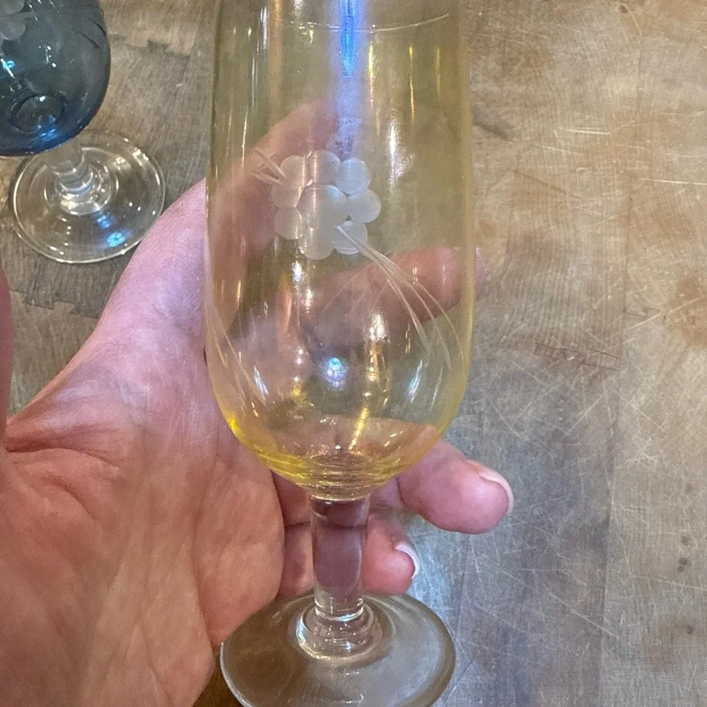 5” Etched Floral Colored Small Stemmed Glasses - Set of 5 Blue, Yellow, Red